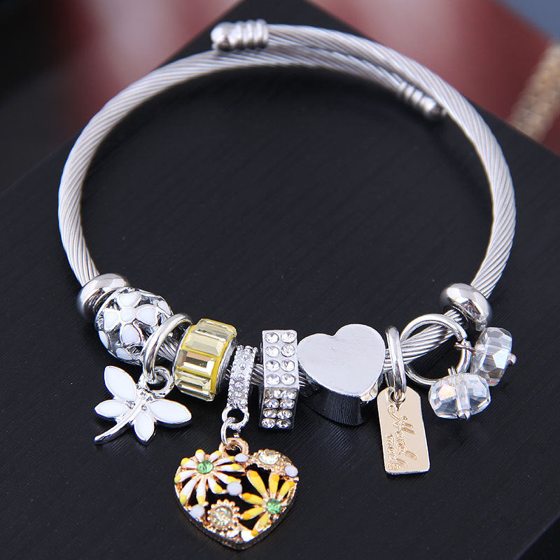 Wholesale Stainless Steel Wire Small Daisy Heart Dragonfly Crystal Beads Bracelet